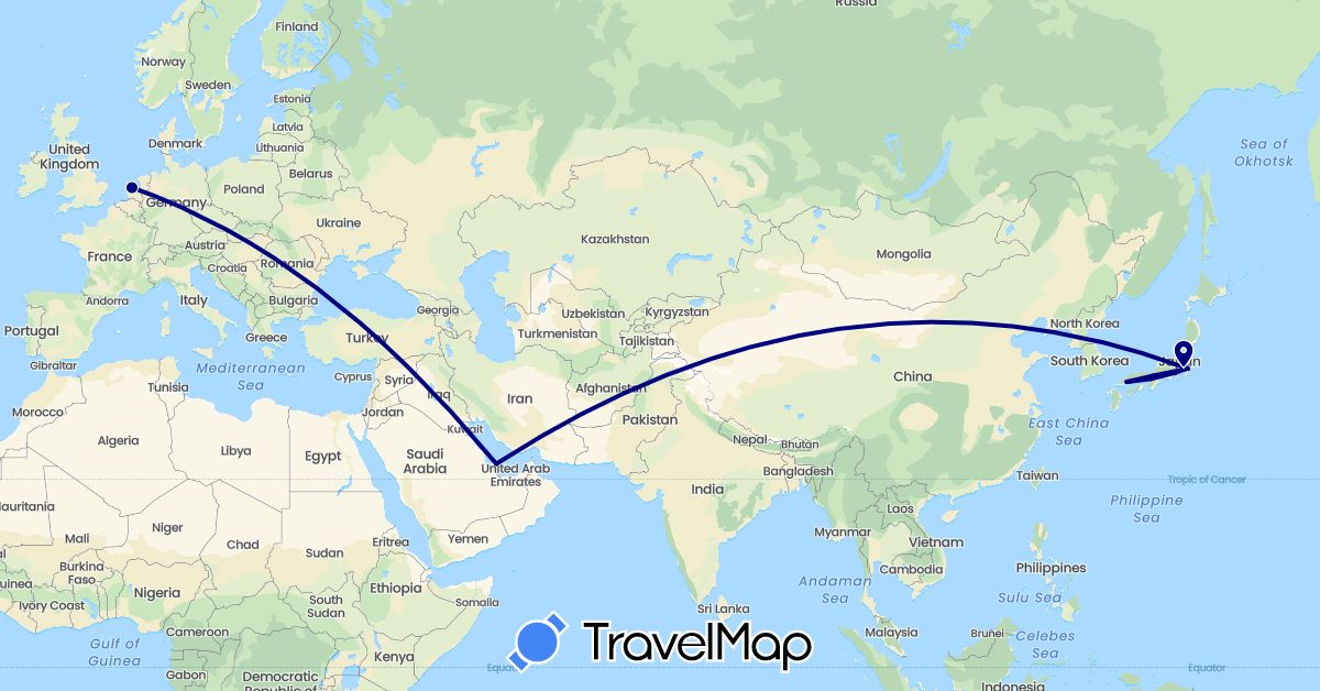 TravelMap itinerary: driving in Japan, Netherlands, Qatar (Asia, Europe)